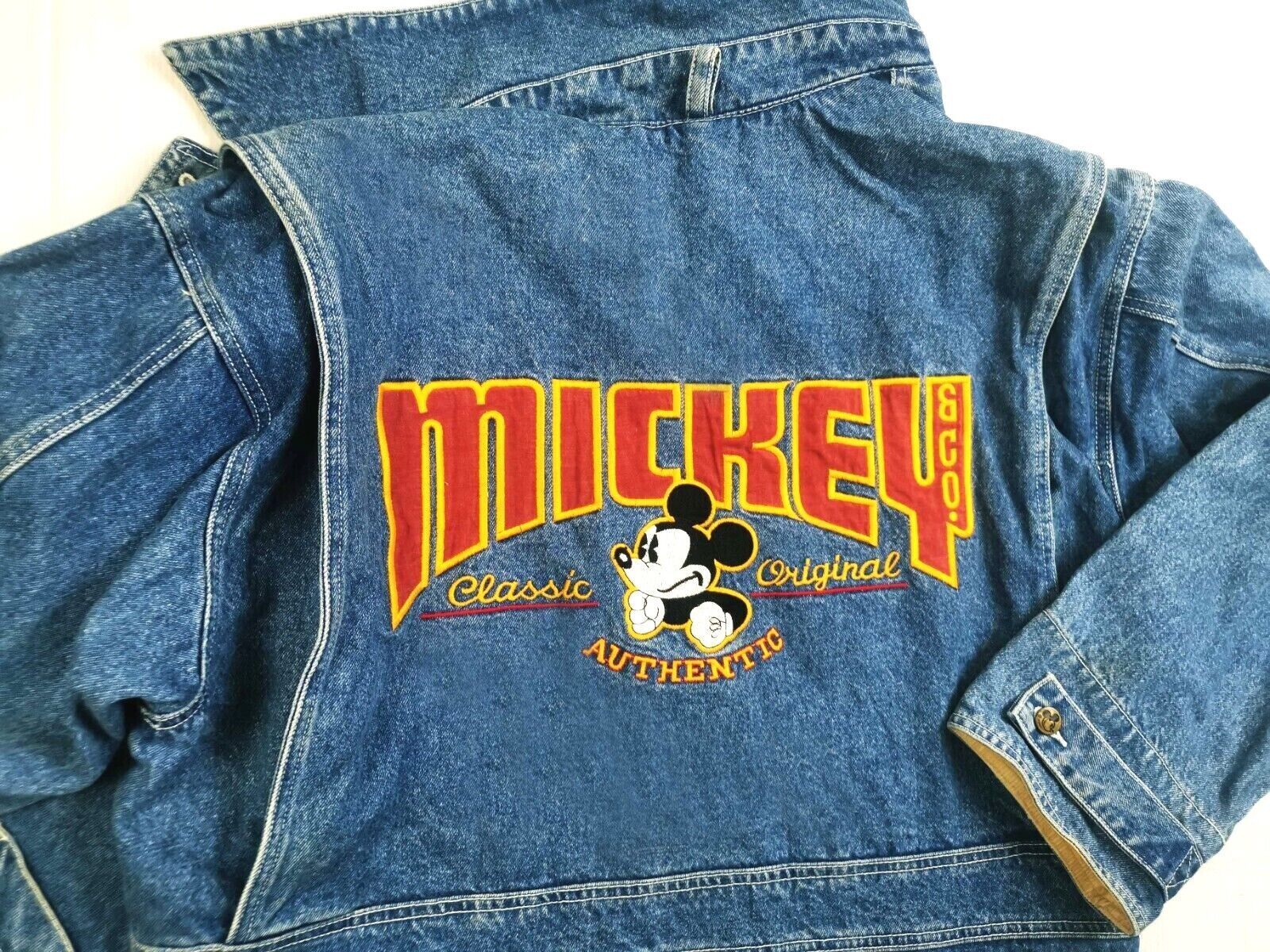 HOT VTG 90s DISNEY MICKEY MOUSE EMBROIDERED CHORE BARN Denim JACKET L (*Fit  XXL)