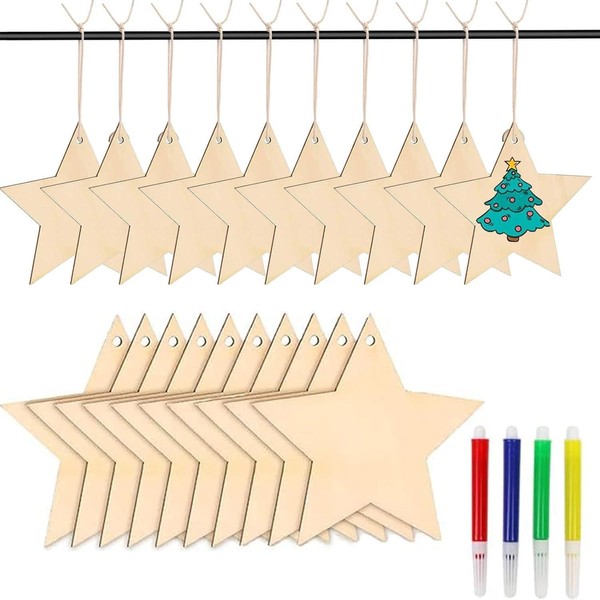 36 Holzsterne Zum Basteln Und Bemalen Weihnachtsbaumschmuck Mit Juteseil Und-image