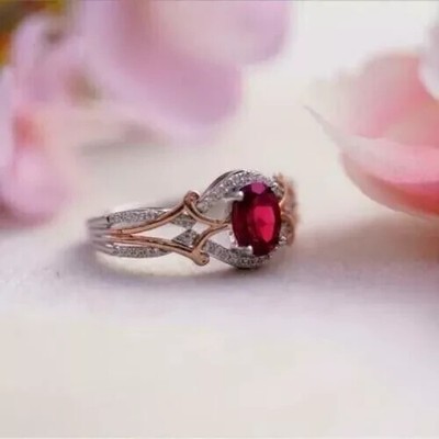 14K Two-Tone Gold Finish Women Anniversary Ring 3 Ct Oval Cut Simulated Ruby
