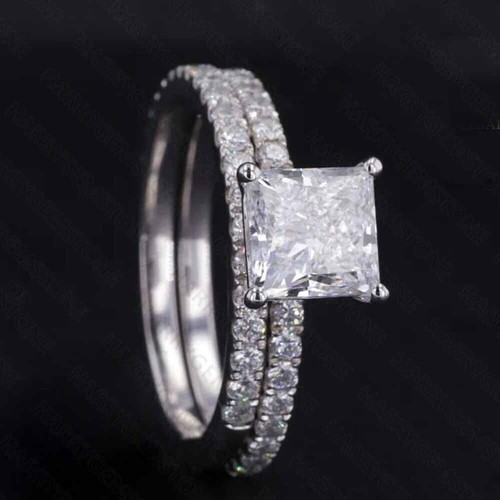 Prinzessin Moissanit Solitär Ring & passendes Eternity Band 14k Weißgold vergoldet - Bild 1 von 9