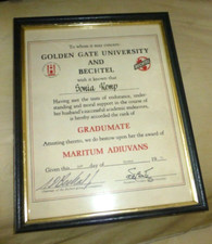 VINTAGE  CERTIFICATE TO WIFE BECHTEL ENGINEERING GOLDEN GATE UNIVERSITY  1973