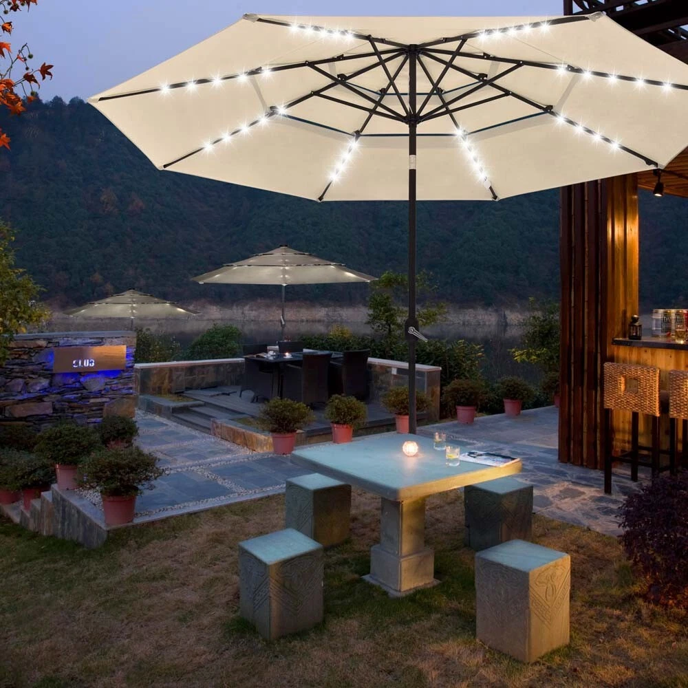 Patio Umbrella with Solar Powered LED Crank Tilt Button Aluminum 11 Ft 3  Tier | eBay