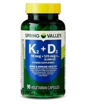 Spring Valley Vitamin K2 (90mcg) + D3 (125mcg) Vegetarian Capsules 90 Count