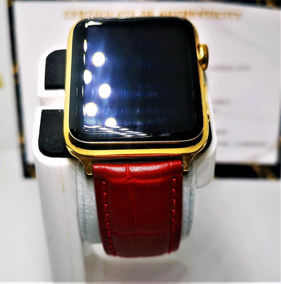 Stainless Steel Apple Watch 42mm Genuine Red Leather Strap  24K Gold Plated - Image 3 of 4