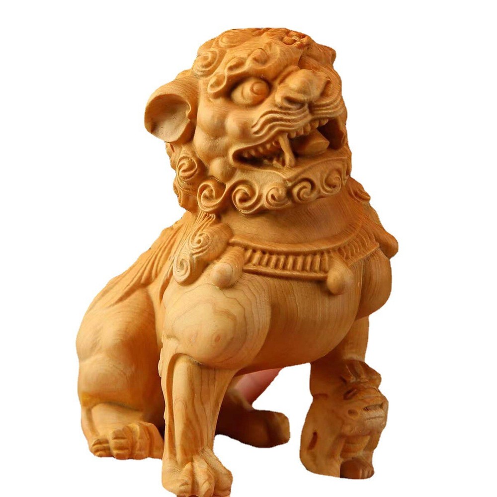 China Wood Carved Fengshui Animal Ball Pixiu Foo Fu Dog Lion