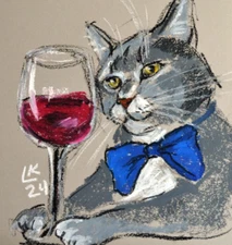 Tabby Cat with Bow Tie and Red Wine Original Artwork Signed Collectible