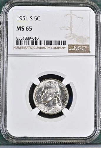 1951-S Jefferson nickel graded by NGC MS65