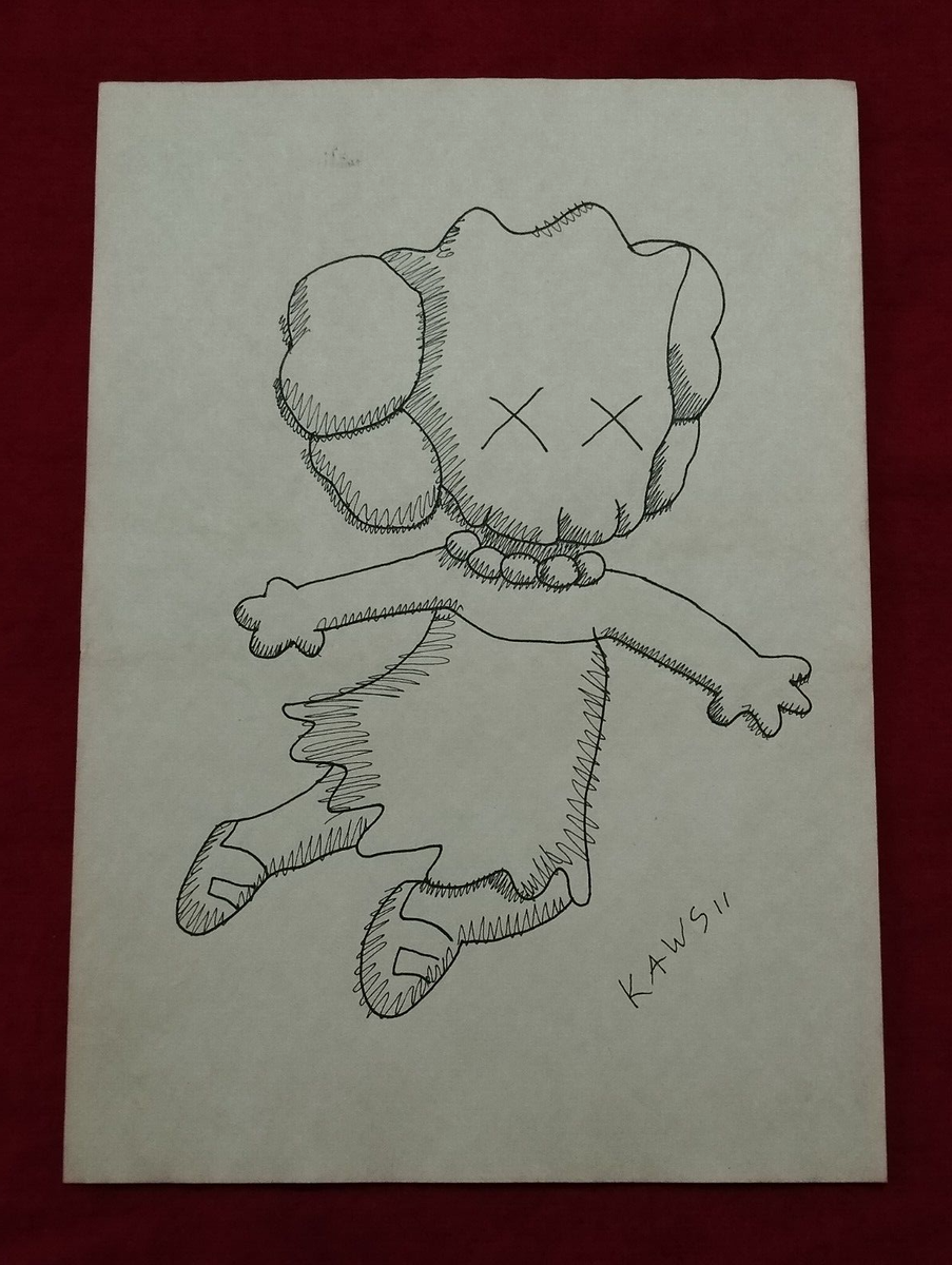 カウズ 2012年 サイン スケッチアート 額装 Kaws sketch KAWS (Handmade) Drawing On old Paper Signed Mixed Media, Vtg