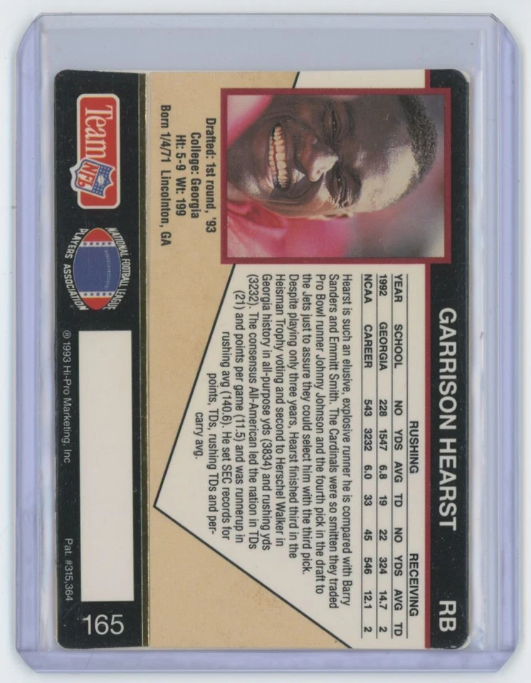 1993 Action Packed Garrison Hearst Rookie Phoenix Cardinals #165 - Image 2 of 2