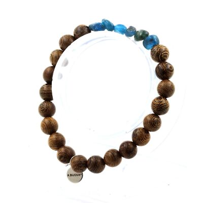 Blue Apatite Bracelet From Brazil + 8 Mm Wooden Beads. Made In France.