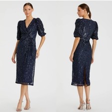 Mac Duggal 5578 Sequin V Neck Short Puff Sleeve Midi Dress Navy Blue Size 8