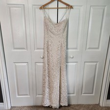 David's Bridal Champagne Silver Metallic Floral Lace Maxi Gown Dress Size 14
