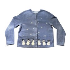 Croft  Barrow Fleece Cardigan Women  s M Blue Snowman Snowflake Holiday Winter
