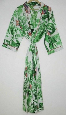Indian Owl hand print 100% cotton Green robe gown women Boho maxi kimono dress