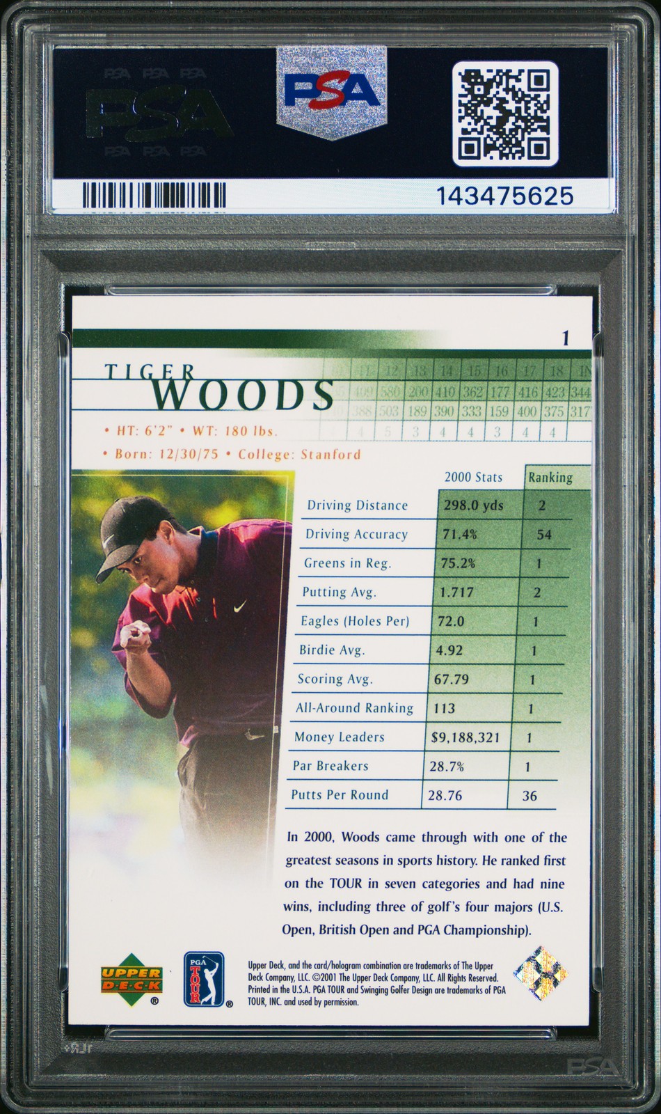 2001 Upper Deck #1 Tiger Woods PSA 9 view 2