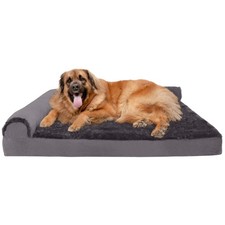 Furhaven Orthopedic L-Shaped Dog Bed for Large Dogs - Removable Cover - Platinum