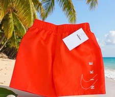  35 Nike Swoosh Swim Trunks Shorts Boys Small 4-5 Orange Print Mesh