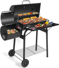 Charcoal BBQ Grill Offset Smoker Barrel Large Outdoor Cooker w Wheels Rack