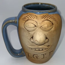 “ T.G.I.F. “ Booty Jugs Face Mug Cup 26 Oz Blue Stoneware Coffee Tea Beverage