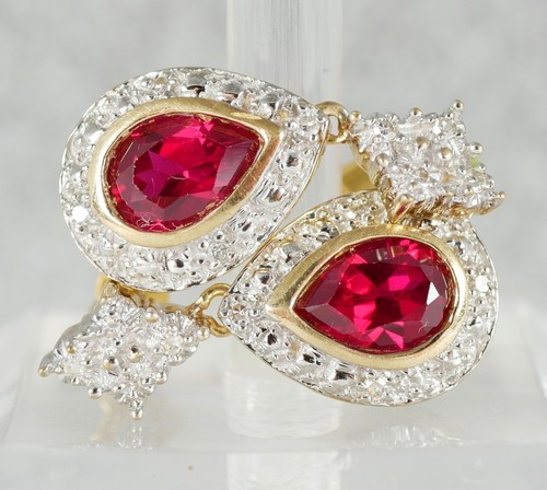 Set of Solid 9ct Yellow White Gold Pear Cut Ruby & Diamond 21mm Earrings Pair - Picture 2 of 9