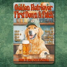 Golden Retriever Football Sports Bar Sign Man Cave funny dog metal home dad tin