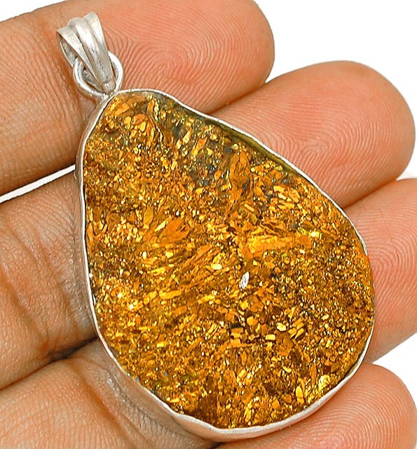 Natural Golden Rosette Aura Druzy 925 Solid Sterling Silver Pendant