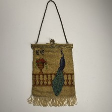 Antique Micro Beaded Purse, Leather Lined, Peacock,fringe Bottom