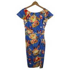 Adrianna Papell Floral Ruched Sheath Dress Sz 6 Blue Multicolor Wedding Elegant