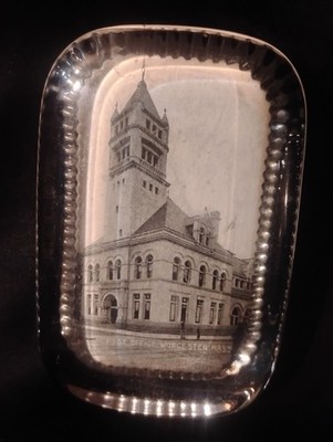 Antique Glass Paperweight Worcester Mass Post Office Building vtg estate find
