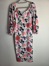 Shein White Floral Dress Size Large UK 12 14 Puff Sleeves Sweetheart Neck