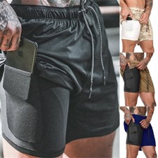 Men's 2 in 1 Sports Running Shorts Gym Training Fitness Bottoms With Pockets