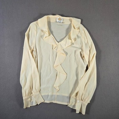 Talbots Blouse Womens 8 Ivory Silk Chiffon Ruffle Long Sleeve Sheer Top