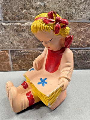 Vintage 1946 Child Figurine Girl Reading Book Red Scarf Chalkware Resin Nursery 