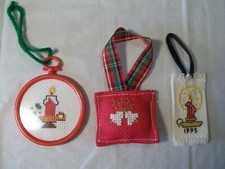 Three Handmade Needlepoint Cross Stitch Christmas Ornaments Candle Bells 1992