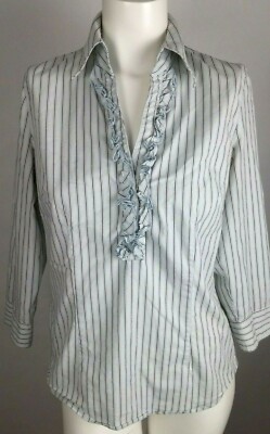 NEW YORK & CO. Stretch Women's Blouse Medium Blue Ruffle Neck 3/4 Sleeve Striped