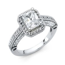 Vintage Halo 1.5-CT Radiant-Cut  Pave Round Side CZ Engagement Ring in 14K