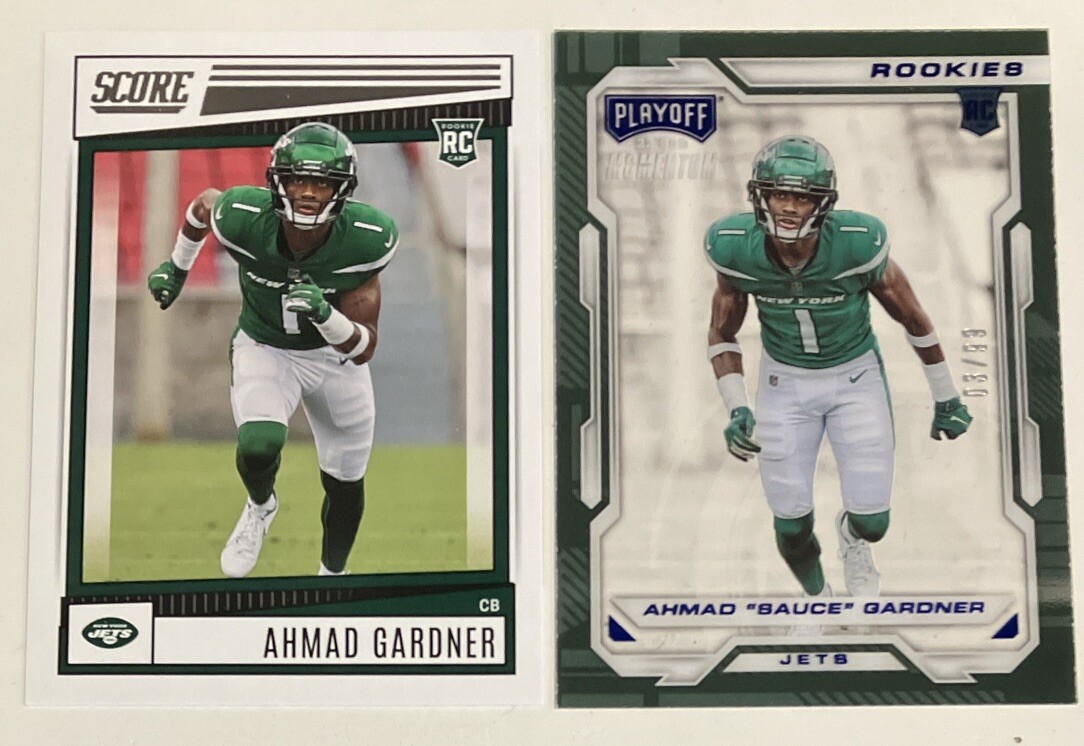 2022 Panini Chronicles Playoff Momentum Ahmad Sauce Gardner /99 + Score RC Jets