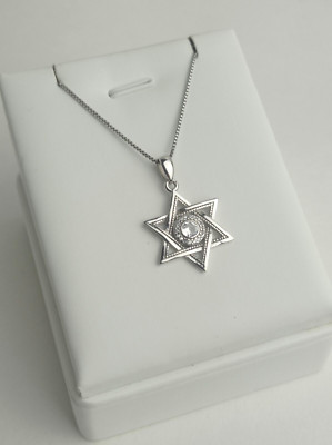 925 Sterling Silver David Star with White CZ Star Pendant Necklace 18'' Free Box