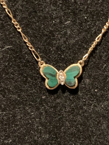 14K Yellow Gold Hammerman Brothers Diamond & Malachite Butterfly Necklace Rare!