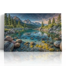 Mountain Lake Canvas Print Wall Art – Crystal Clear Water Nature Wall Decor