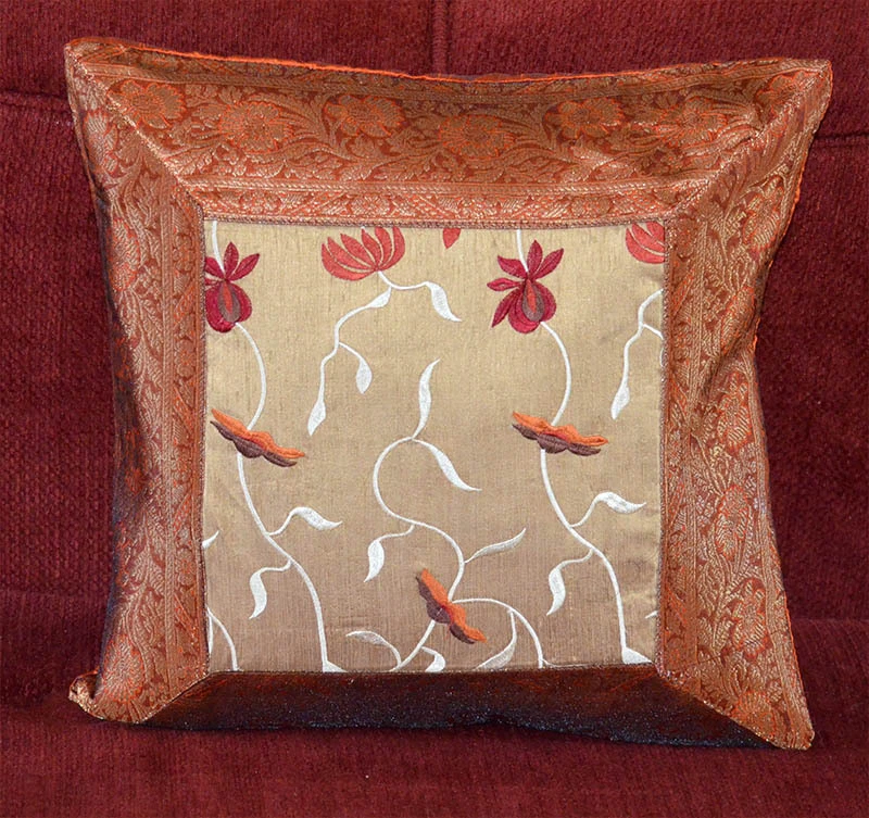 Par de (dos) fundas de almohada brocado hechas a mano bordadas seda naranja oscuro ¡India! Foto 2 de 4