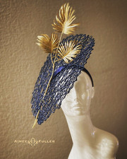 Aimee Fuller Gold Palm Royal Ascot Fascinator Big Kentucky Derby Hat Navy Blue