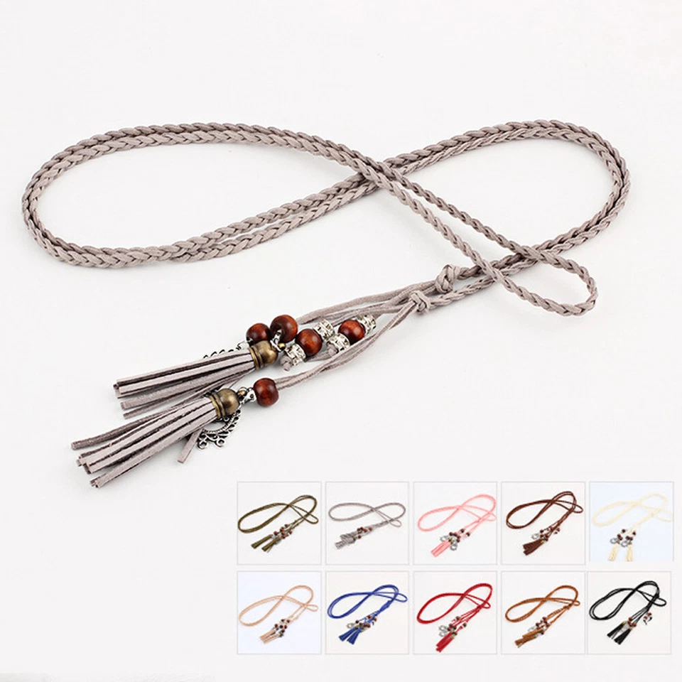 Mujeres Imitación Cuero Trenzado Cinturón Ajustado Dama Cuentas de Madera Borlas Cintura Delgada Foto 4 de 4