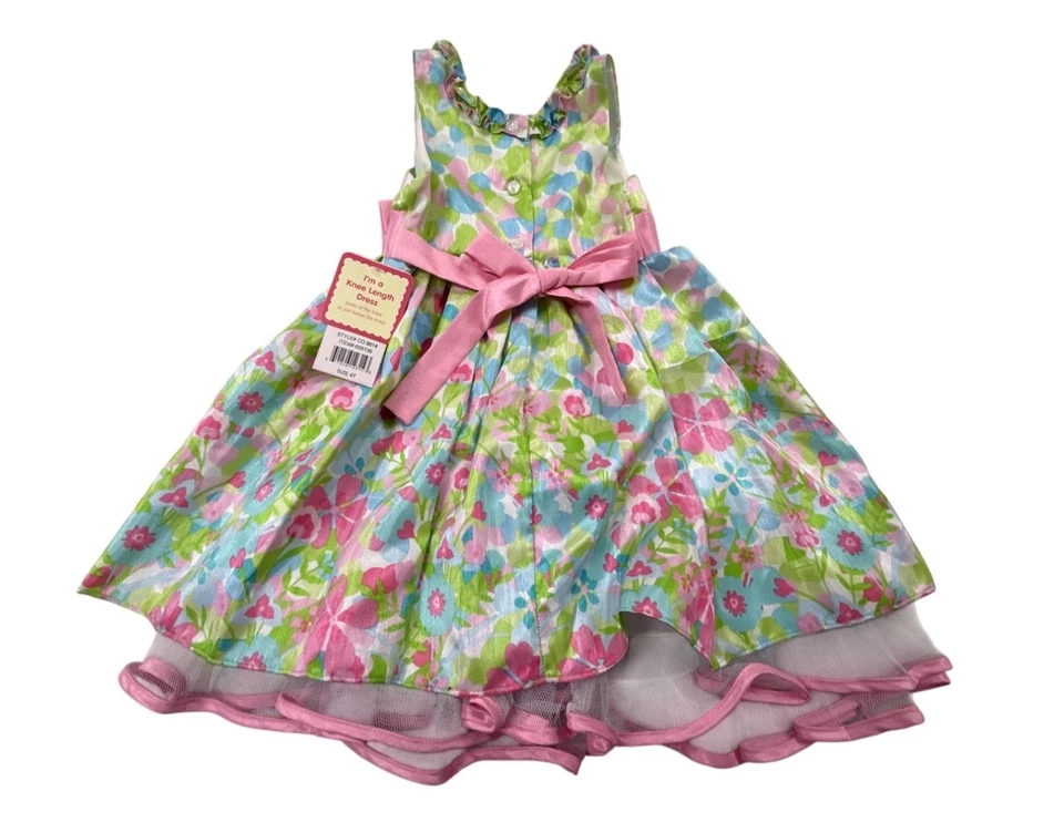 Jona Michelle 女孩粉色和绿色花卉及膝连衣裙,尺寸 4T - 全新 — 第 2/4 张图片