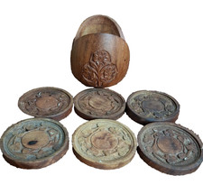 Hand Carved Wood Coasters 6 And Holder Vintage