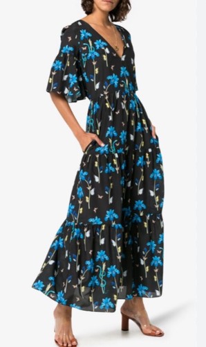 Borgo De Nor Teodora Maxi Dress in Blue Black Floral Crepe Pockets UK 8 US 4