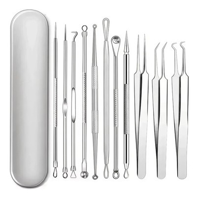 11PCS Blackhead Remover Tool Kit Acne Needle Tweezers Pimple Extractor Set