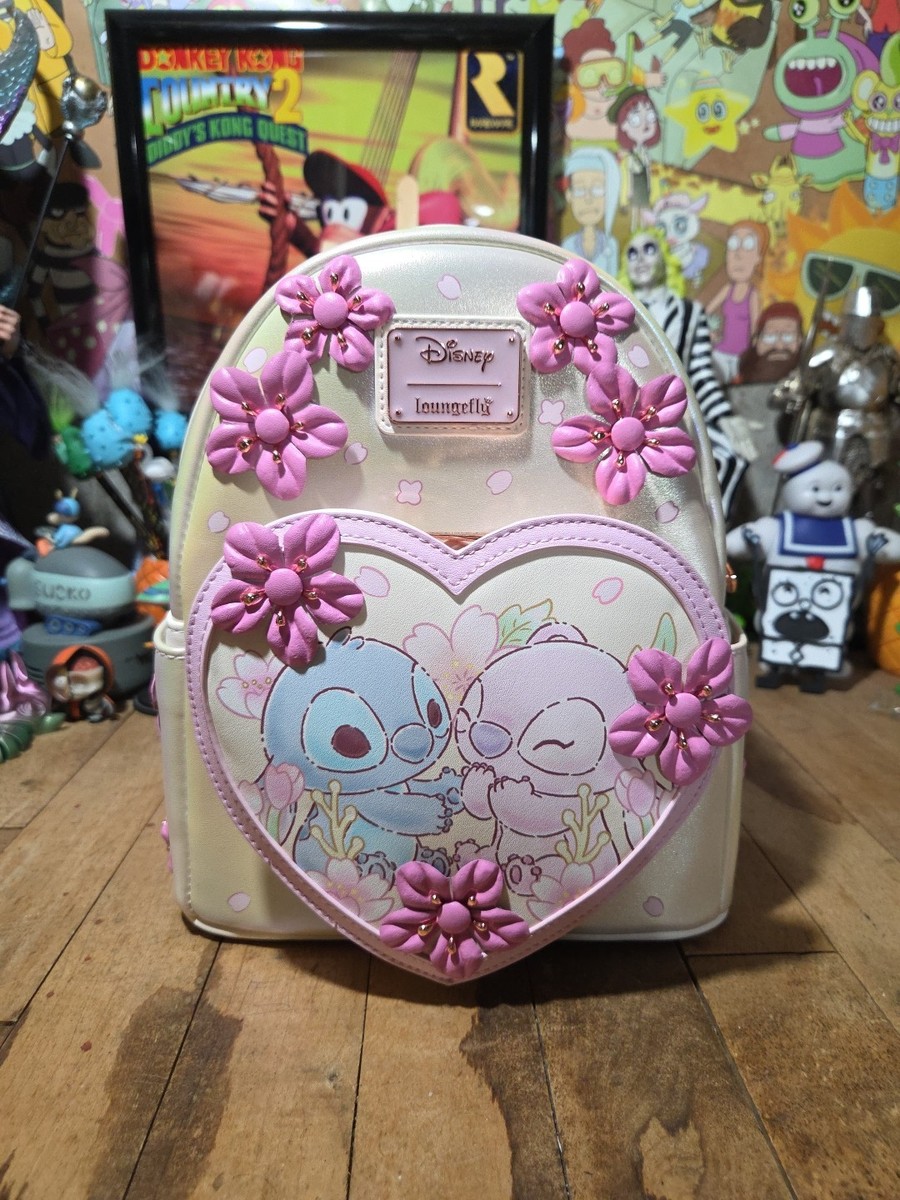 Loungefly Disney Lilo & Stitch Angel Pink Purple Backpack with Yellow Flower Stitch & Angel Cherry Blossom Heart Mini Backpack main image 3