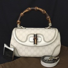 EGA GUCCI New Bamboo GG Logo Canvas Leather Hand Bag w/Shoulder Strap/7CC0163