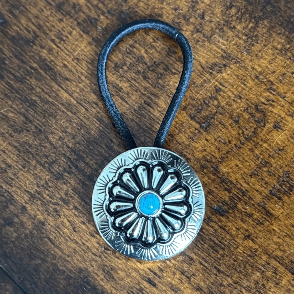 Western Concho Hair Tie – Navajo Indian Style Medallion with Turquoise Accent Native American Hair Accessory Elastic Tie Navajo Turquoise  main image 4